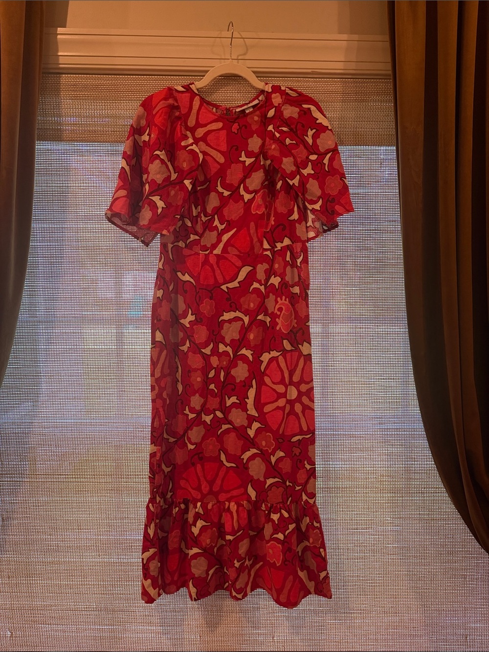 RHODE Red Floral Ruffle-Hem Midi Dress